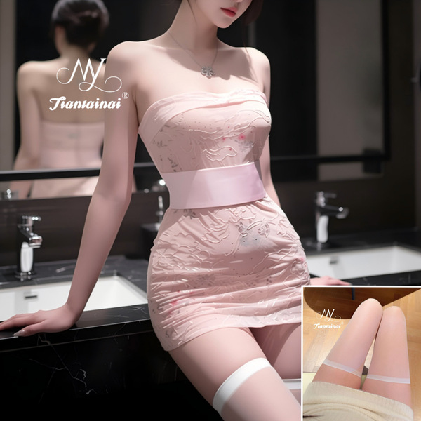 Lace Embroidered Kimono-Style Sheer Bodysuit Set - Sexy Wrap Dress & Bodycon Outfit for Women - Light pink + white stockings