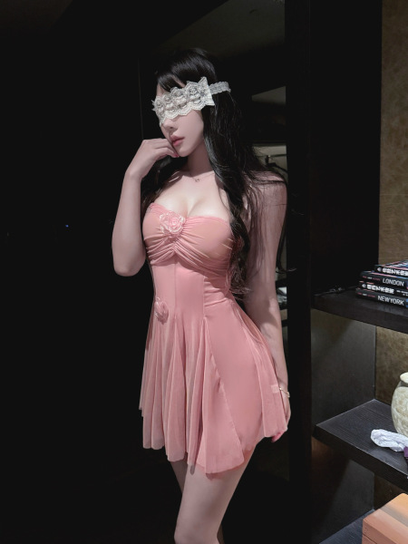Seductive Sheer Lace Sleep Dress with Underwire Support - Sexy Wife-Inspired Nightwear - Pink and white fishnet stockings