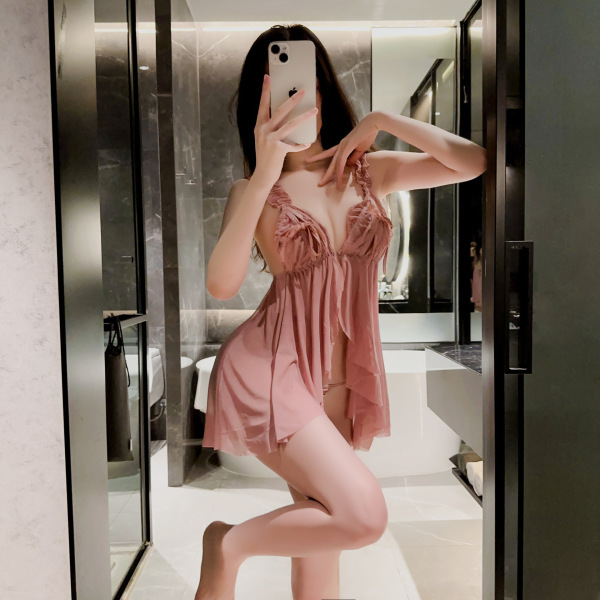 Plus Size Sexy Sleepwear for Women - Busty Allure Lace Trimmed Slip Dress, Bedroom Tease Nightgown - Pink and white open-crotch socks