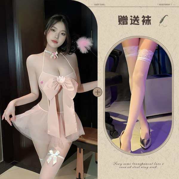 Qingran Pink Bow Three-Piece Lingerie Set - Sheer Mesh Pure & Tempting No-Remove Outfit - Pink + white stockings