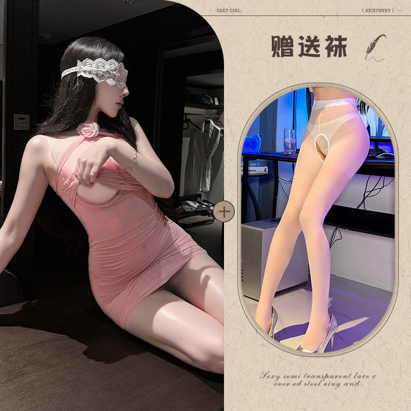 Mannyqing Pure-Yu Rose Mesh Bodycon Dress – Floral Sheer Lace Sleepwear Set for Women - Pink and white open-crotch stockings