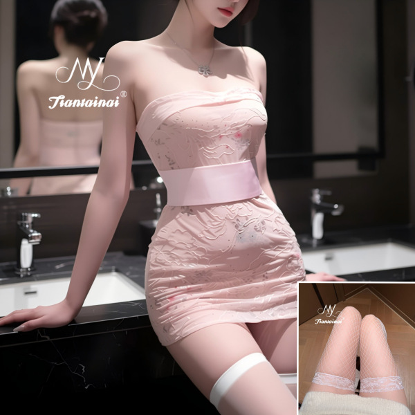 Sexy Lace Bodysuit Set - Embroidered Sheer Kimono Style Outfit with Bodycon Skirt for Women - Light pink + white fishnet stockings