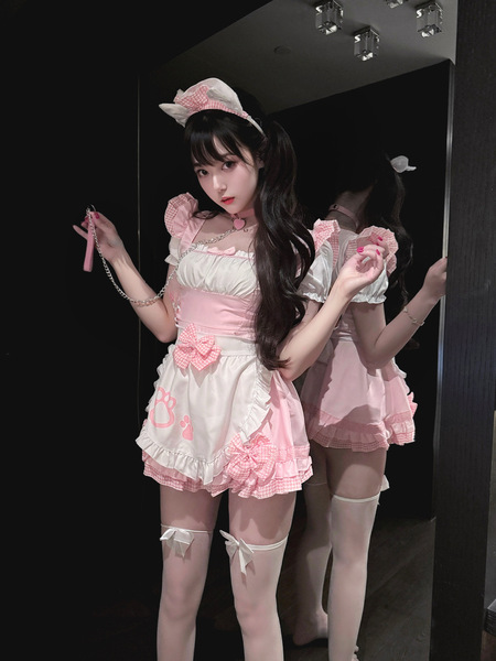 Manny Night Cute Japanese Sweet Lolita Maid Cosplay Set - Soft Kawaii Cat Girl Costume for Teens & Adults - Pink and white fishnet stockings
