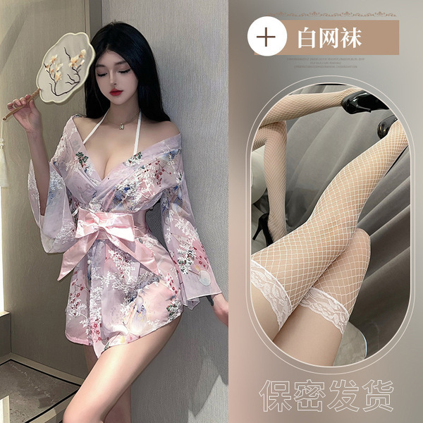 Plus Size Japanese-Style Sexy Kimono Robe with Bow Detail - Floral Print Lounge Set & Sleepwear - Pink and white fishnet stockings