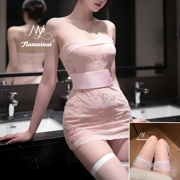 Lace Embroidered Kimono-Style Sheer Bodysuit Set - Sexy Wrap Dress & Bodycon Outfit for Women - Light pink + white stockings