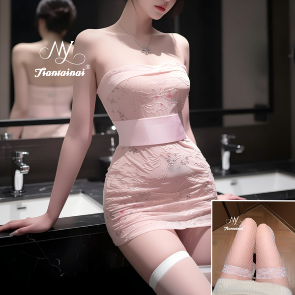 Lace Embroidered Kimono-Style Sheer Bodysuit Set - Sexy Wrap Dress & Bodycon Outfit for Women - Light pink + white fishnet stockings