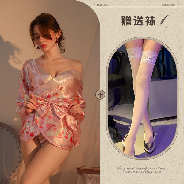 Purple Sensual Lounge Robe & Kimono Sleep Dress – Floral Fox Dream Open-Front Waist-Tied Japanese-Style Nightwear - Pink + white stockings