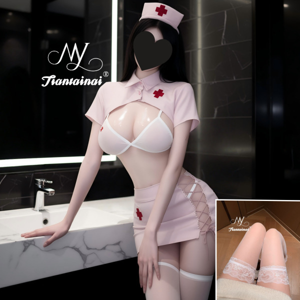 Sexy Nurse Costume Set - Lace Tie-Up Bodycon Skirt & Seductive Sleepwear for Women - Pink suit + white stockings