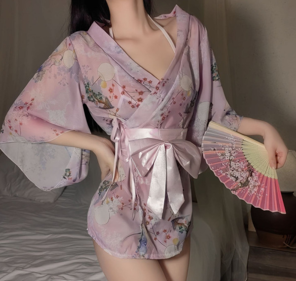 Japanese-Inspired Sexy Lace Kimono Robe Set for Women – Seductive Plus Size Sleepwear & Lingerie Outfit - Pink + white stockings