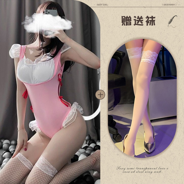 Manny Night Lotus Maid Costume Set - Seductive Tight-Fit Princess Housemaid Outfit with Open-Crotch Design - Pink + white stockings
