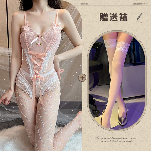 Qingran Sexy Lace Bodysuit with Ties & Snap Crotch - Seductive Sweet Uniform Style Babydoll Set - Pink + white stockings