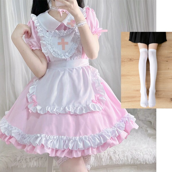 S5XL Japanese Maid Dress - Cute Anime Cosplay Costume for Women, Classic Short-Sleeve Maid Outfit - Light pink + white socks + petticoat