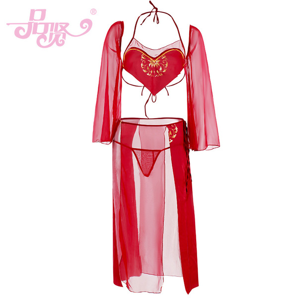Pinxian ancient chinese bodice skirt set - hanfu-inspired lingerie for couples, seductive flower queen costume with heart-tri...