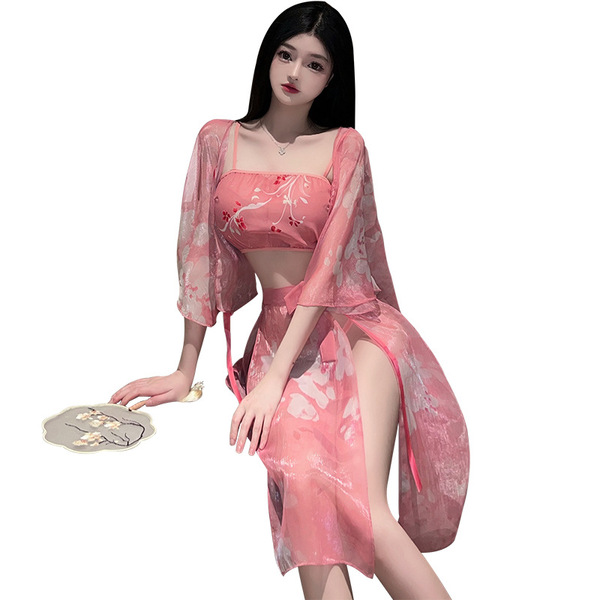A woman models a pinxian original chinese-inspired lingerie set featuring a cherry blossom design, perfect for role play slee...