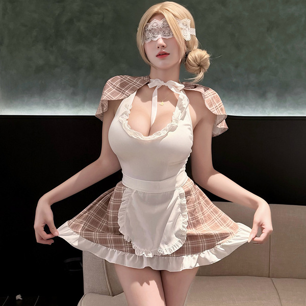 Sexy open-crotch bodysuit with plaid apron and lace mask, perfect for role play and intimate fun.