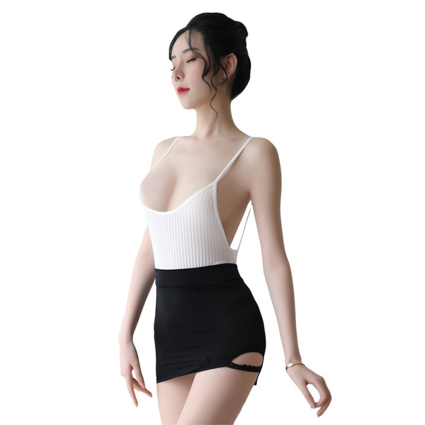 A woman models a stylish bodysuit featuring a sheer mesh design, open-crotch detail, and high neck cutout. the one-piece swim...