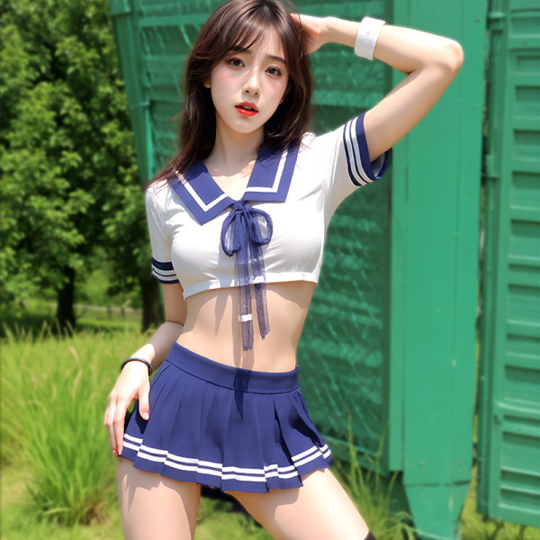 Playful japanese schoolgirl costume set with cute color-block collar, perfect for role play, plus size friendly.