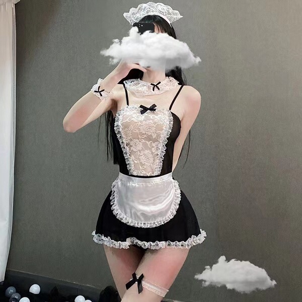 Playful maid costume for women featuring sheer lace design, elegant white apron, and charming details. perfect for adding a t...