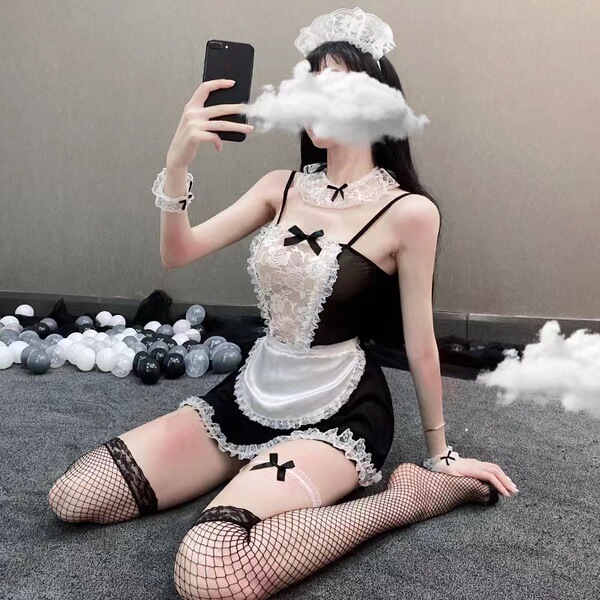Playful maid costume for women featuring sheer lace design, perfect for adding a touch of elegance and playfulness to any out...