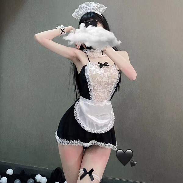 Playful maid costume for women featuring sheer lace design, elegant white apron, and charming accessories. perfect for adding...
