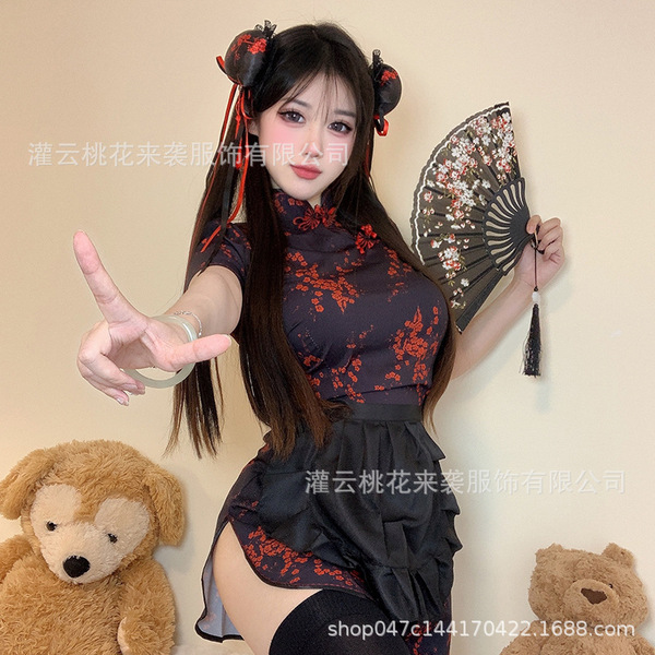 Chinese-Inspired Lingerie Set - Cute Qipao Maid Outfit with Open-Crotch Design, Sweet Girl Costume for Cosplay & Role Pl - Plum blossom black cheongsam + apron + black stockings