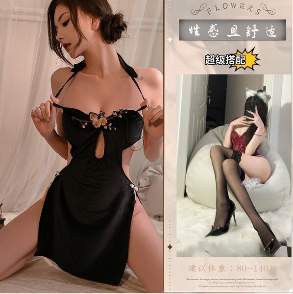 Vintage Floral Lace Cheongsam Lingerie for Women – High-Slit Velvet Chinese-Inspired Erotic Costume with Plum Blossom Em - Plum blossom cheongsam set + black stockings