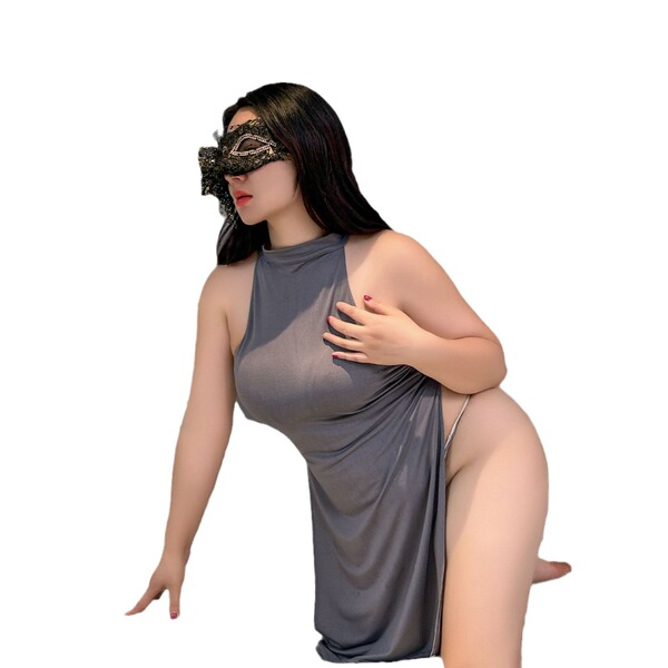 Sexy side-slit cheongsam costume with masquerade mask, perfect for roleplay outfits and seductive sleepwear.