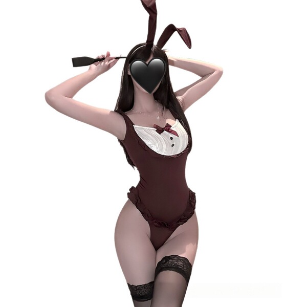 Sexy plus size bunny costume bodysuit with lace trim, bow detail, and matching ears for adult role play.