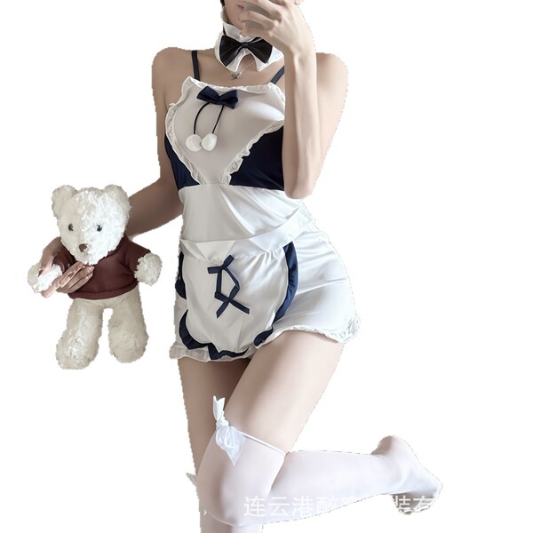 Sexy maid costume with white apron and bow tie, perfect for sleepwear or bedroom play outfits.