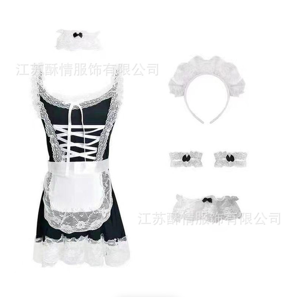 Sexy maid costume set featuring backless design and adjustable straps, perfect for curvy women.