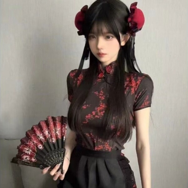Plus size chinese style cheongsam lingerie set - retro maid dress with apron, busty pure & tempting two-piece outfit.