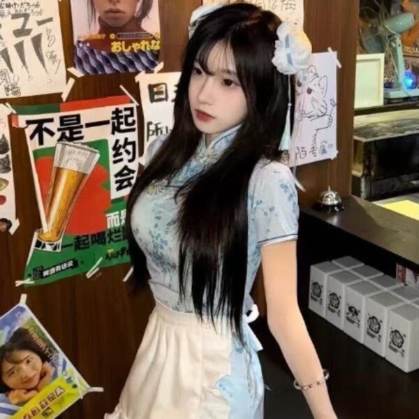 Woman wearing a plus size chinese style cheongsam lingerie set, featuring a retro maid dress with apron, embodying a busty pu...