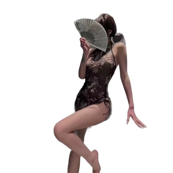 Vintage sheer mesh cheongsam lingerie set, elegant design perfect for nightclub performances and role play.