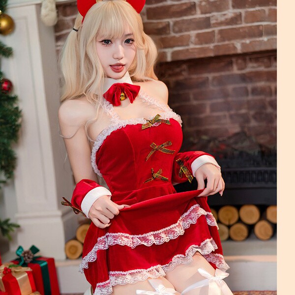 A festive red velvet christmas lingerie set featuring a reindeer-themed bralette with bows and a backless sleep dress adorned...