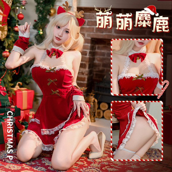 Sexy christmas-themed lingerie set featuring a velvet reindeer bralette and backless sleep dress, perfect for holiday parties...