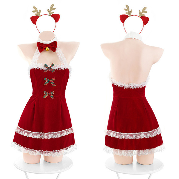 Plus size christmas lingerie set - velvet reindeer bralette with antlers and backless sleep dress for holiday parties