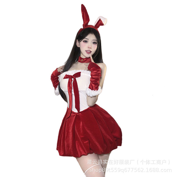Sexy bunny costume with red ribbon corset and fluffy skirt for holiday special occasions