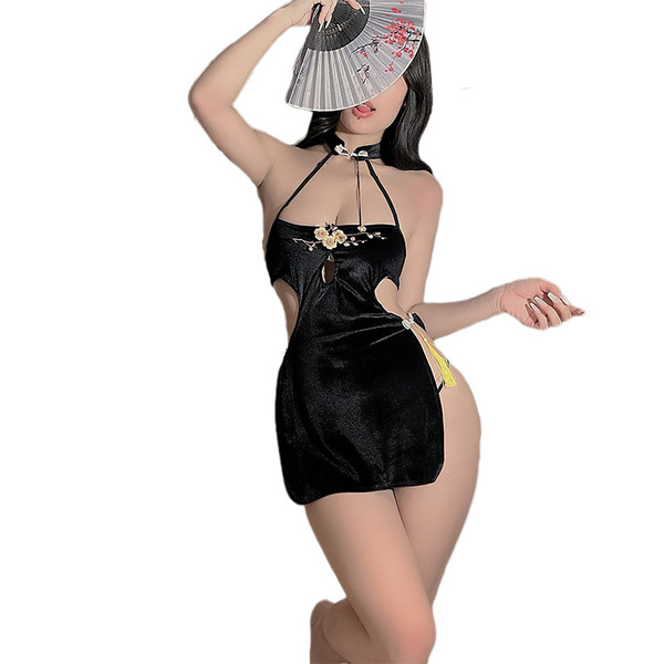 Sexy black cheongsam lingerie set with floral lace details, featuring an open-slit backless design for women.
