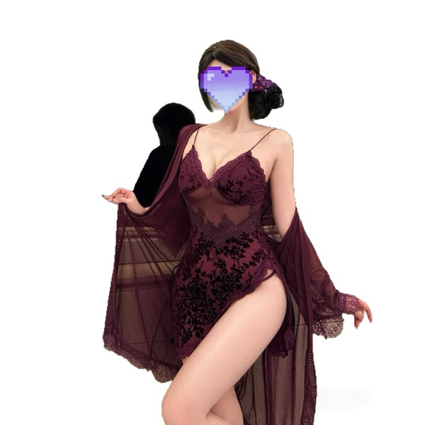 A woman poses wearing a plus-size floral velvet bralette sleep set, featuring lace sheer cami and shorts, inspired by chinese...