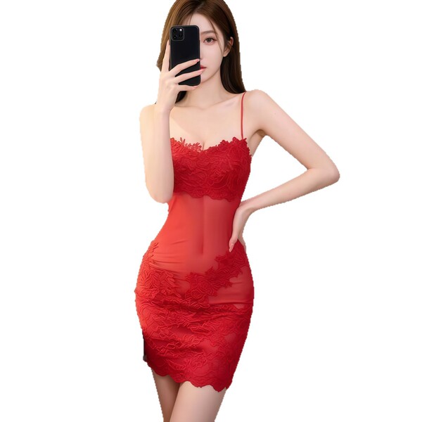 Sexy red lace chemise dress with adjustable straps, sheer design, bodycon fit, perfect for evening wear.