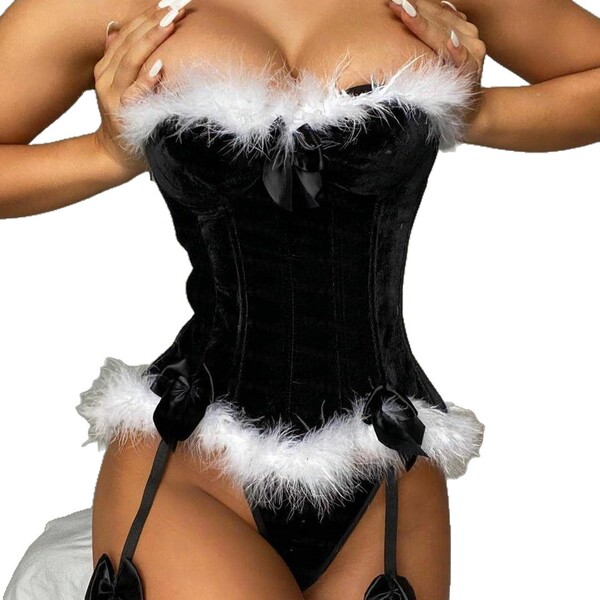 Elegant victorian teddy & velvet holiday lingerie outfit for women, featuring a black corset with white feathers and garter s...