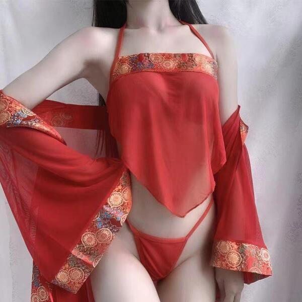 Elegant red new plus size hanfu sleep set featuring ancient chinese style bodysuit and chiffon sleep skirt, perfect for women...