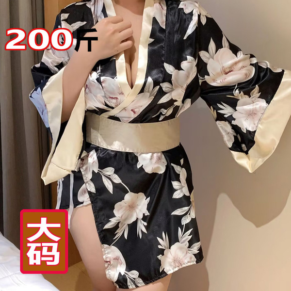 Plus size japanese kimono lingerie set with bow print - sexy oriental dance-inspired no-remove sleepwear for women