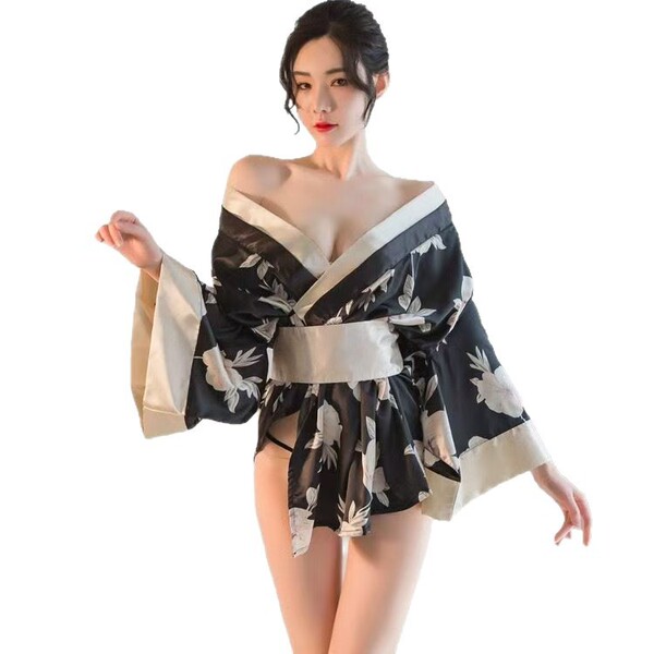 Sexy oriental dance-inspired no-remove sleepwear for women, featuring a black kimono with bow print design, perfect for plus-...