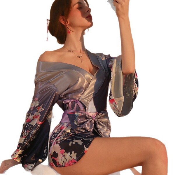Elegant cherry blossom design, plus size japanese kimono-style robe with satin finish and bow detail, perfect for intimate mo...