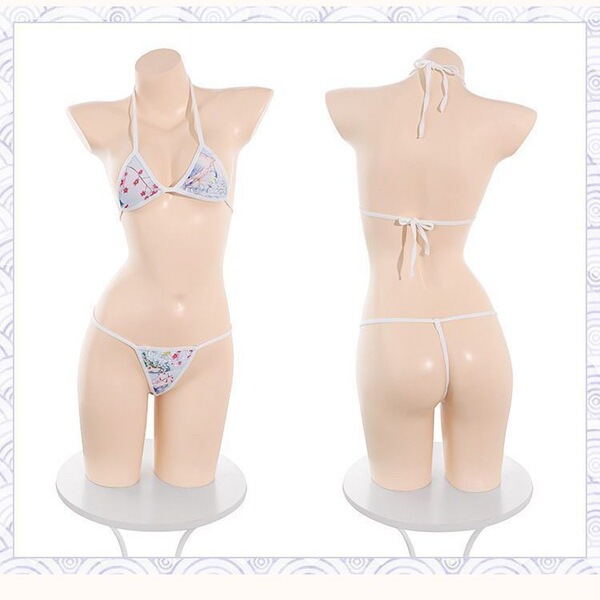 Plus size japanese kimono lingerie set with bow print – sexy sheer robe sleepwear outfit displayed on mannequins, front and b...
