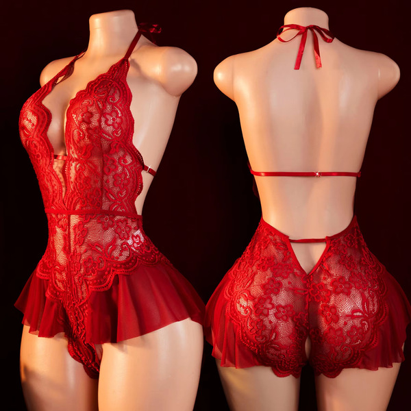 Plus size lace bodysuit with cut-outs & halter neck - sheer seductive sleepwear for women, featuring intricate lace design an...