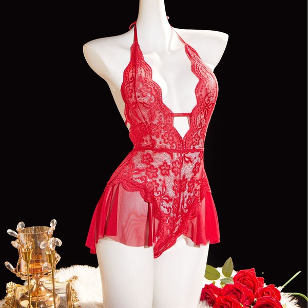 Plus size lace bodysuit with cut-outs & halter neck - sheer seductive sleepwear for women, featuring intricate lace design an...