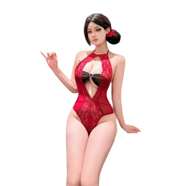 Sexy red lace bodysuit with halter neck design, perfect for plus-size women seeking pure temptation. ideal sleepwear or eveni...