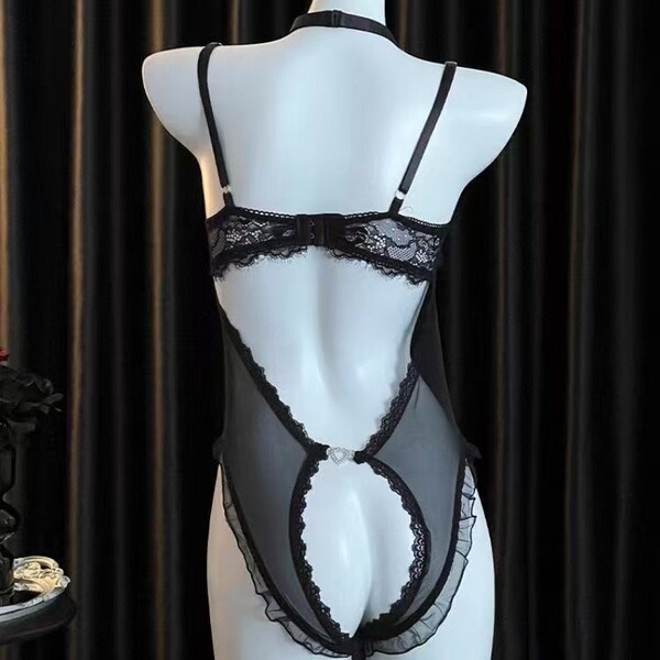 Black lace bodysuit with open crotch and sheer panels, designed for small busts, displayed on a mannequin.